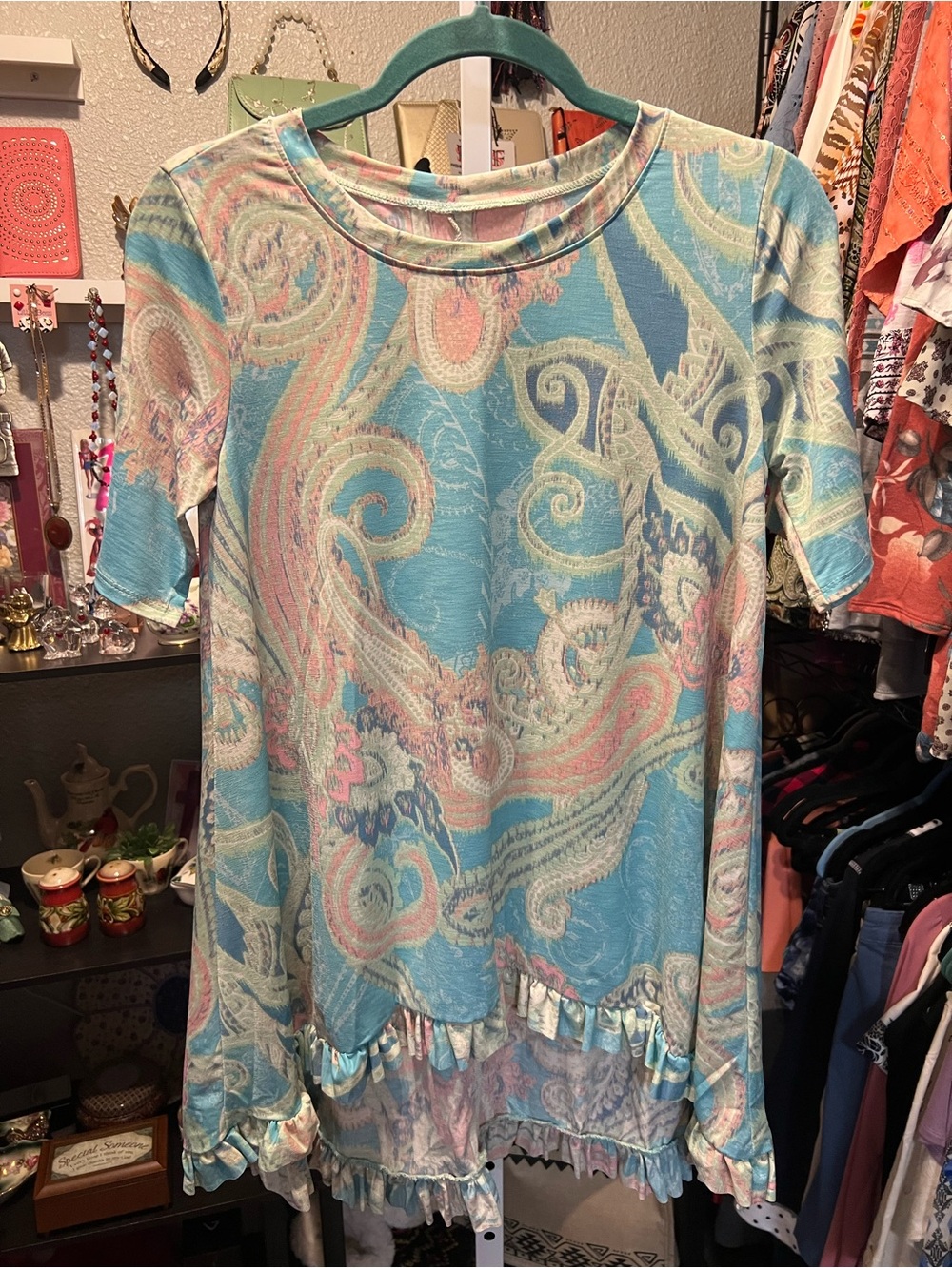 Blue Paisley Ruffle High/Low Hem Top